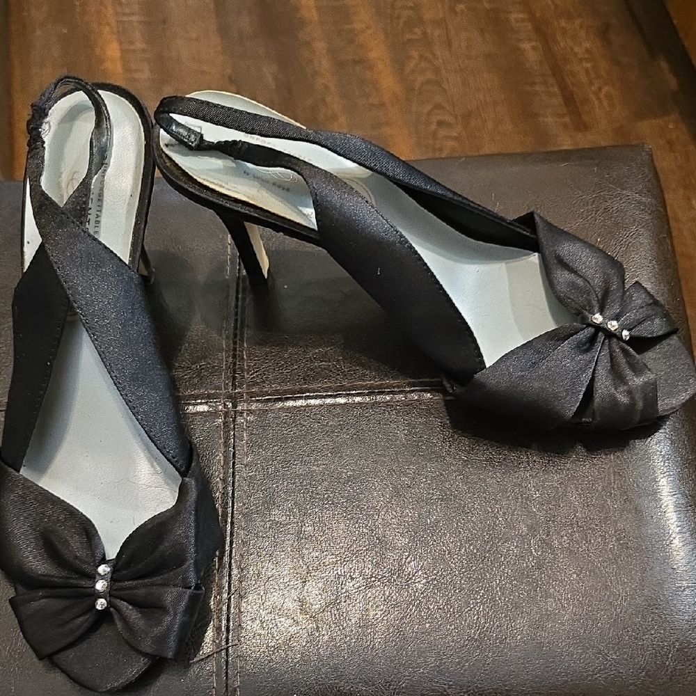Chic Black Satin Slingback Heels with Bow Detail